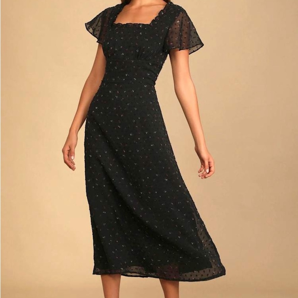 Lulus So Kiss Me Black Floral Print Swiss Dot Maxi SquareNeck Girly Feminine